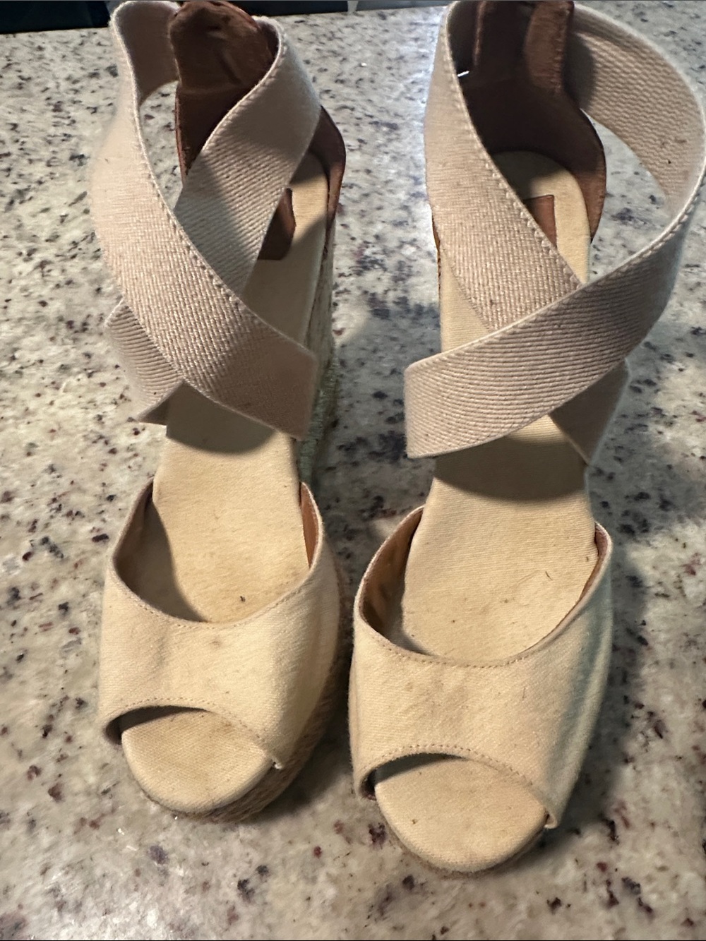 Tory Burch Beige Canvas Espadrille Wedge Sandals